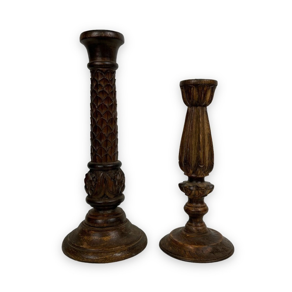 Candle Stick Holders Set of 2 Wooden Hand Carved Vintage Leaf Decor